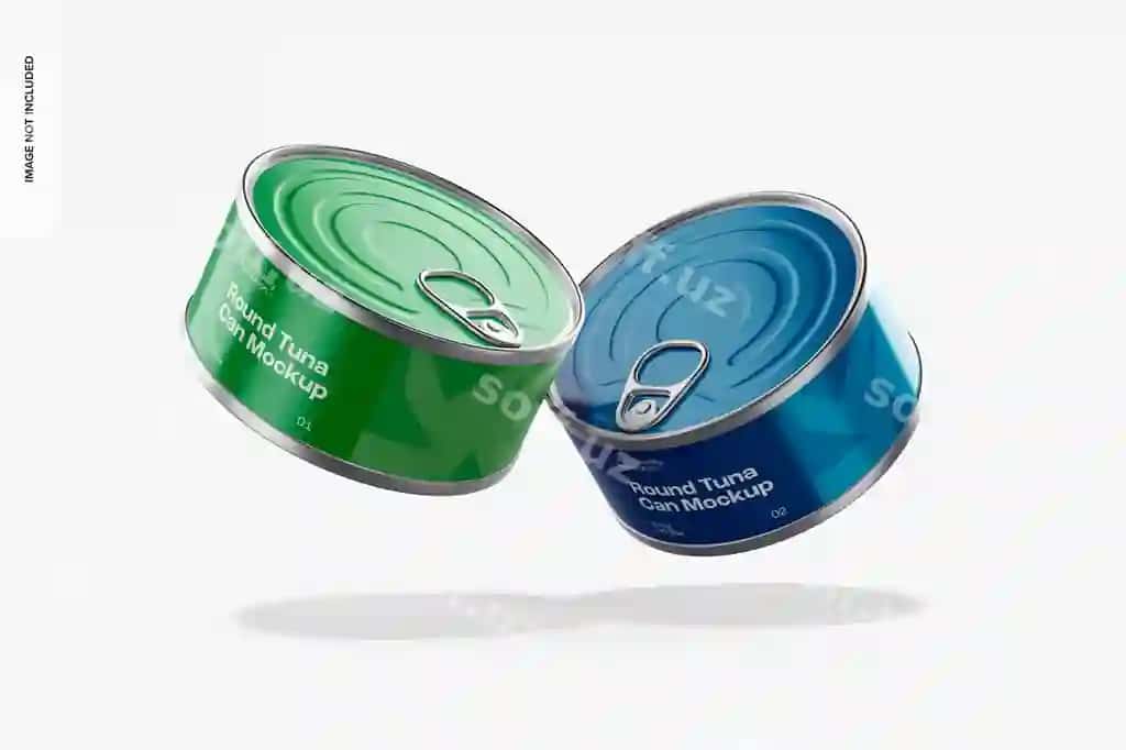 Aylanma tuna bankalari modeli suzilayotgan | Round tuna cans mockup floating