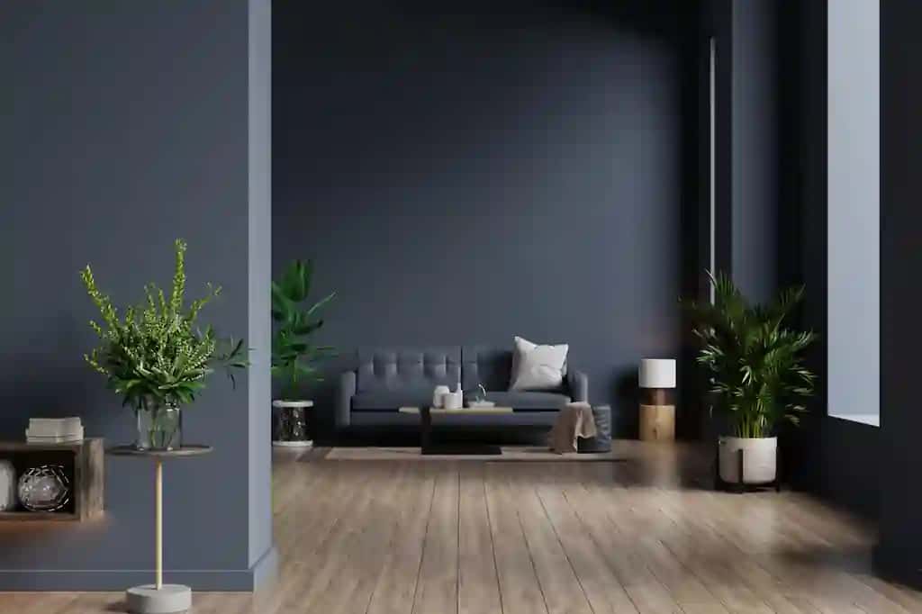 Divan bo'sh to'q ko'k devor bilan ichki yashash xonasi 3D renderlash | Interior living room with sofa empty dark blue wall 3d rendering