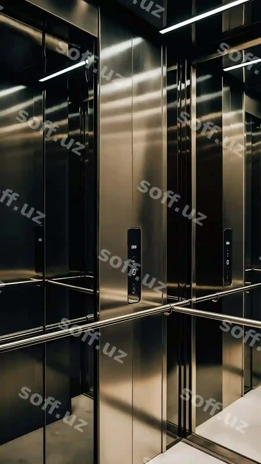 Zamonaviy lift eshiklari shaffof metal panellar devorlari | Modern lift doors with glossy metal panels walls