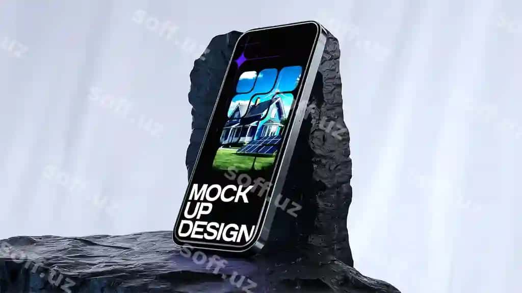 Teksturli qora toʻpka asoslangan akillı telefon modeli dizayni kelajakchi xususiyatlari namoyish etuvchi | Smartphone mockup design textured black rock displaying futuristic