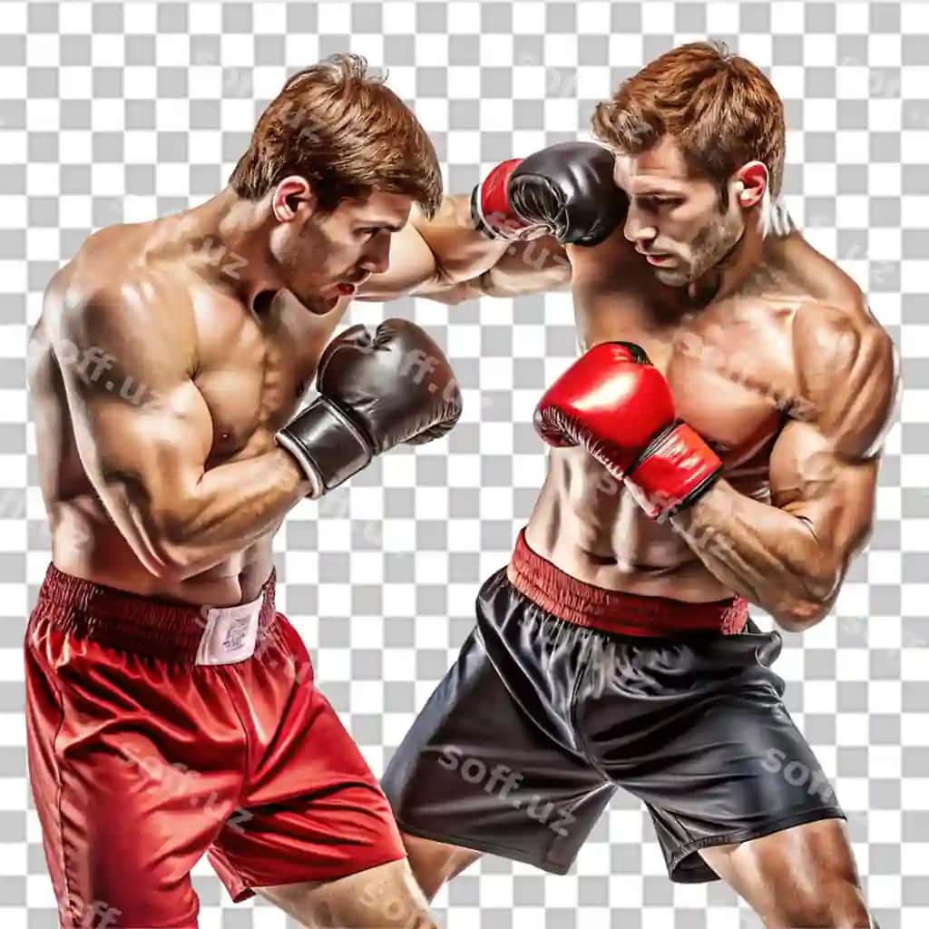 Ikki erkak bokschi shiddatli jang qilishmoqda, shaffof fonda | Two male boxers fighting intense match isolated transparent background