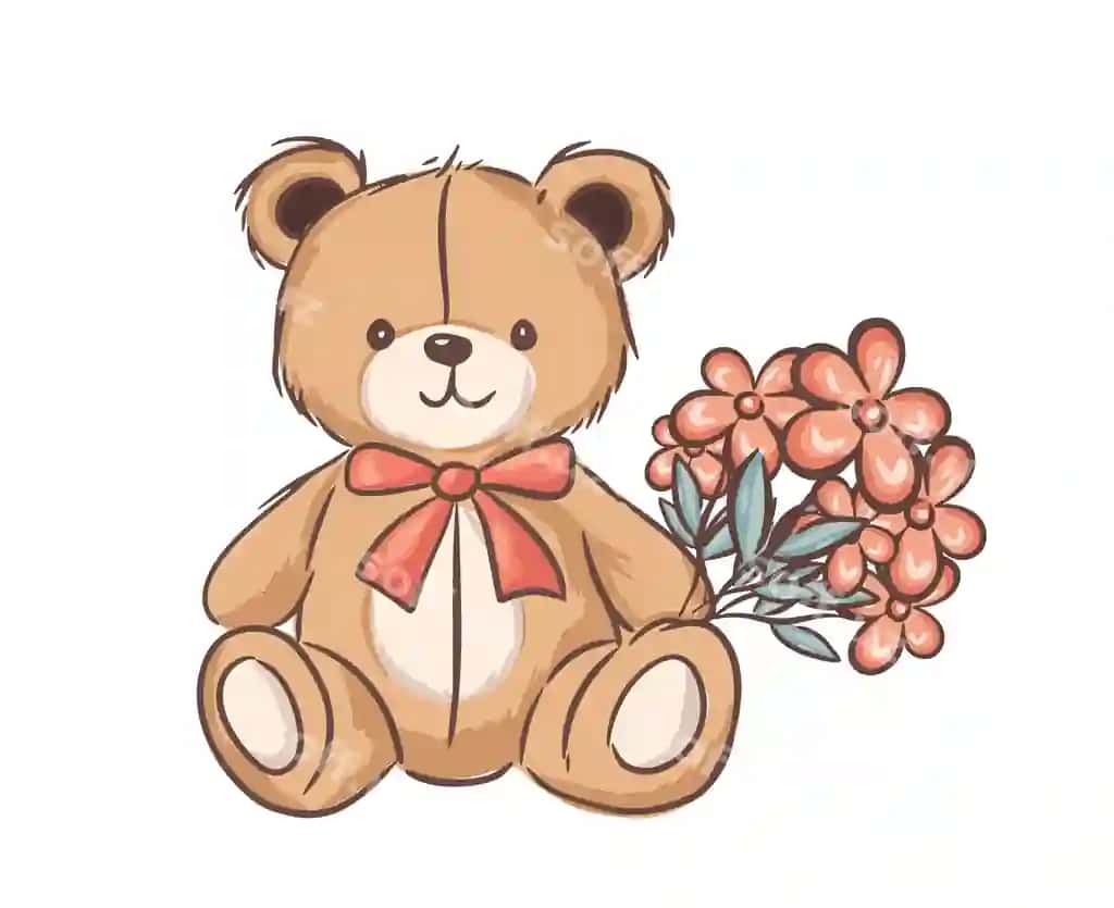 Yoqimli ayiqcha pushti gullarni ushlab turibdi va quvnoq badiiy uslubda mukammal bolalar | Cute teddy bear holding bouquet pink flowers cheerful artistic style perfect children