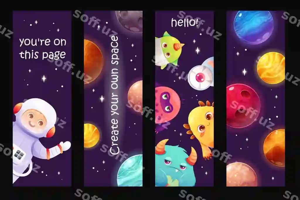 Kosmik xatcho'plar kosmik yirtqich hayvonlar bilan rang-barang xatcho'plar to'plami | Space bookmark set colorful bookmark prints with planets space monsters