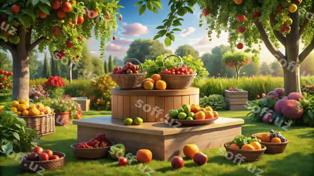 Rasm bog'ati mevalar va sabzilar bilan | Picture garden with fruits vegetables