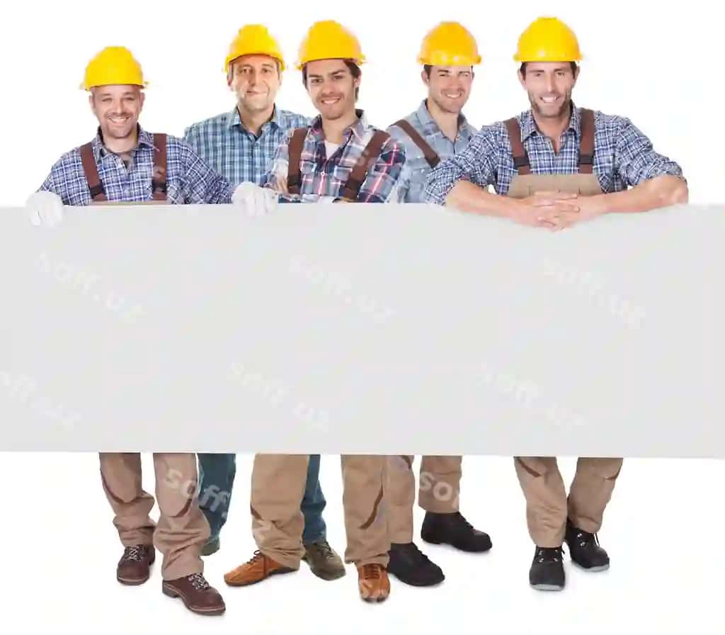 Qurilish ishchilari bo'sh banner namoyish etmoqda. | Construction workers presenting empty banner