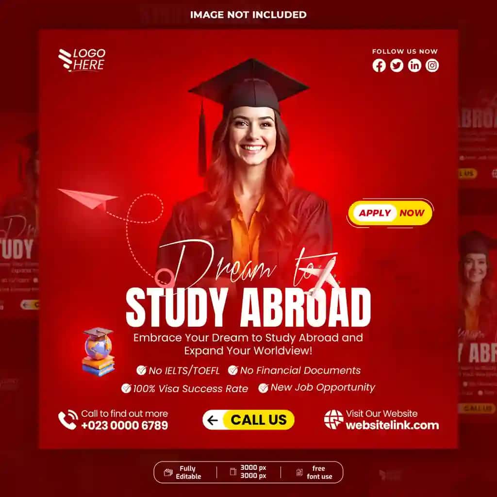 Ijtimoiy tarmoqdagi post shablonini chet elda o'qish orzuingiz bilan o'rganing | Explore your dream study abroad social media post template
