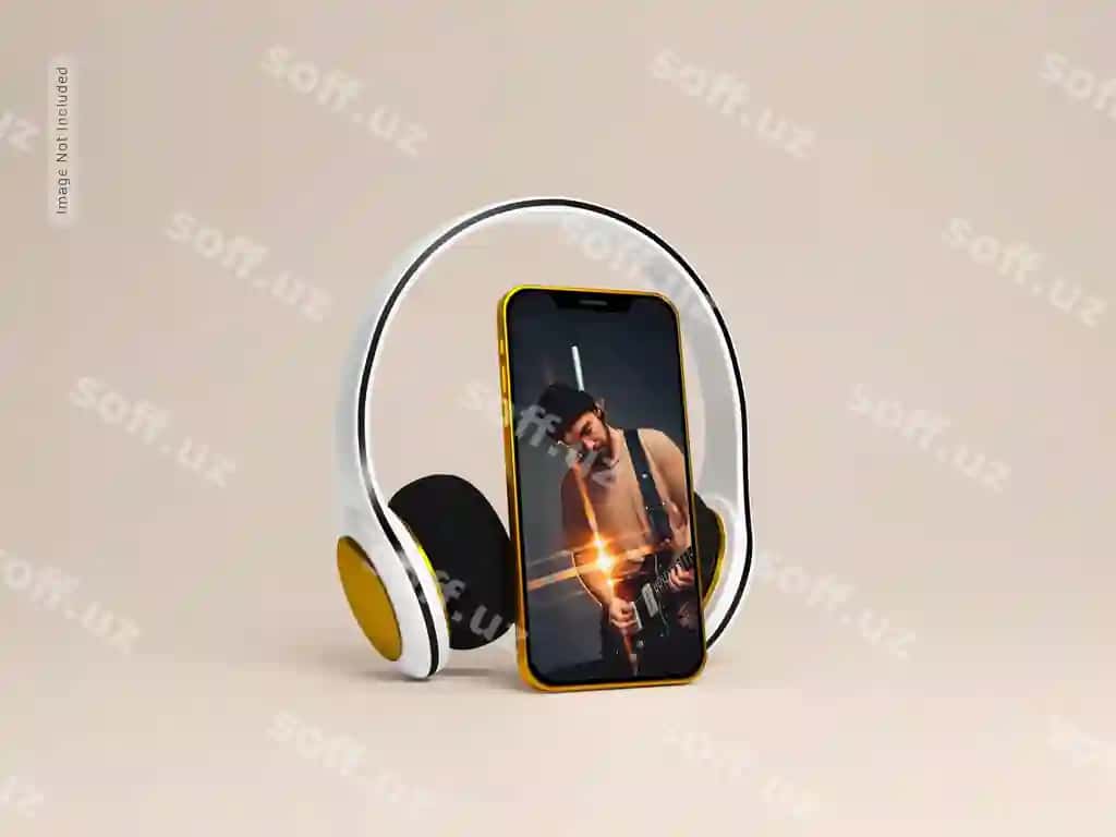 Mobil telefon maketi bilan minigarnitura | Headphone with mobile phone mockup