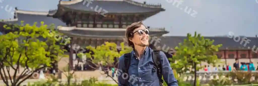 Seoul, Janubiy Koreyada turist sayohat konceptli banner, uzoq formatda | Man tourist seoul south korea travel korea concept banner long format