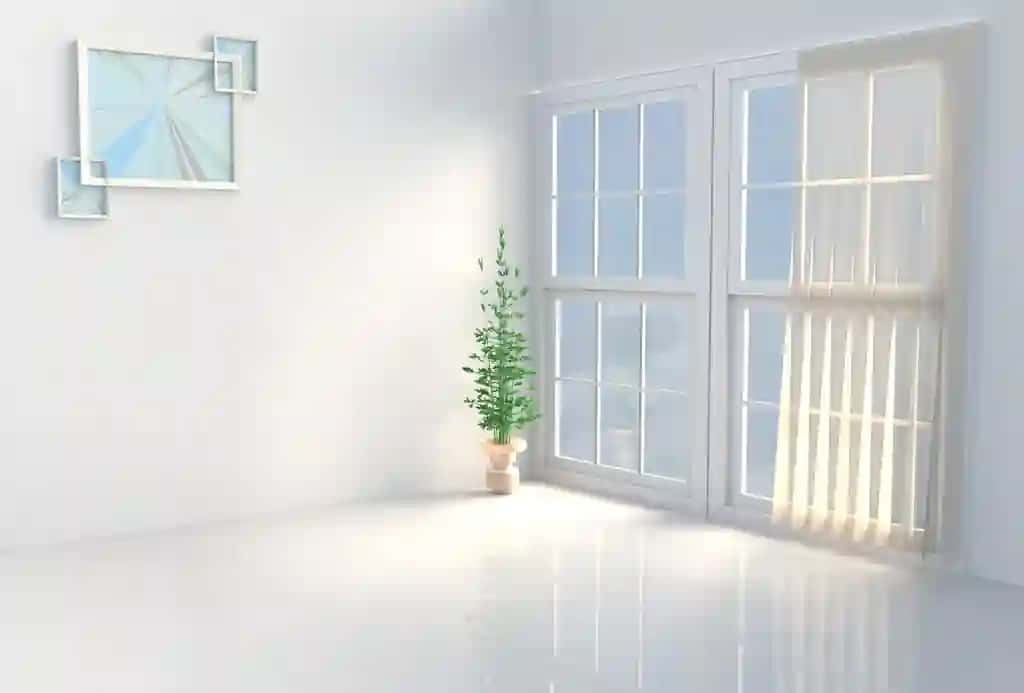 Issiq oq xona dekorasi quyosh derazadan soyalarga 3D renderga porlaydi | Warm white room decor sun shines through window into shadows 3d render