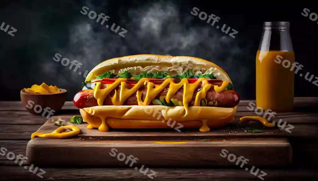 Hot dog mustard bilan yong'oq orqa fonda tanlovli fokus generativ sun'iy intellekt | Hot dog with mustard wooden background selective focus generative ai