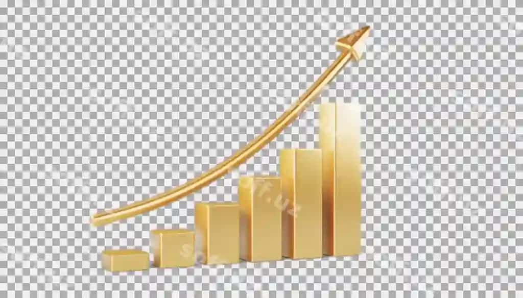 Oltin o'sib borish infografika yuqoriga o'suvchi o'ya bar chart bilan | Golden growing chart infographic growing upward arrow with bar chart