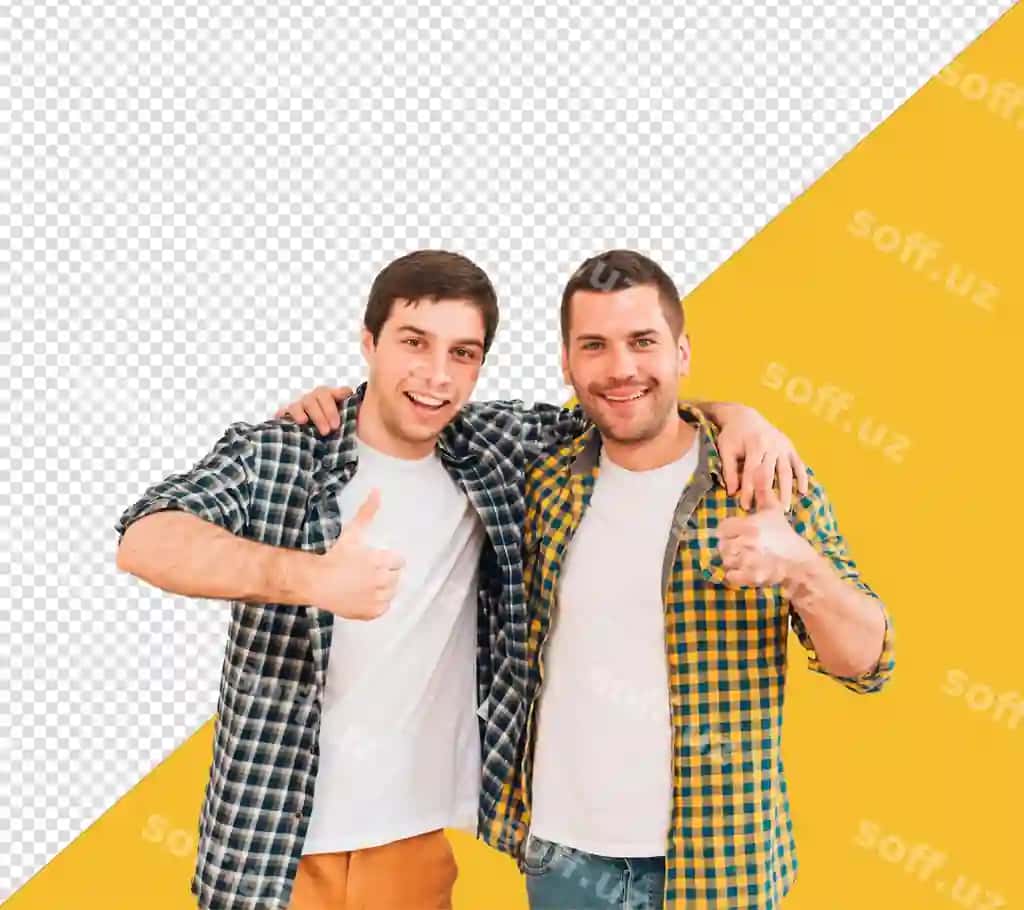 Psd ikki kishi shaffof fon bilan bosh barmoqlari bilan suratga tushmoqda | Psd two men posing photo with word thumbs with transparent background