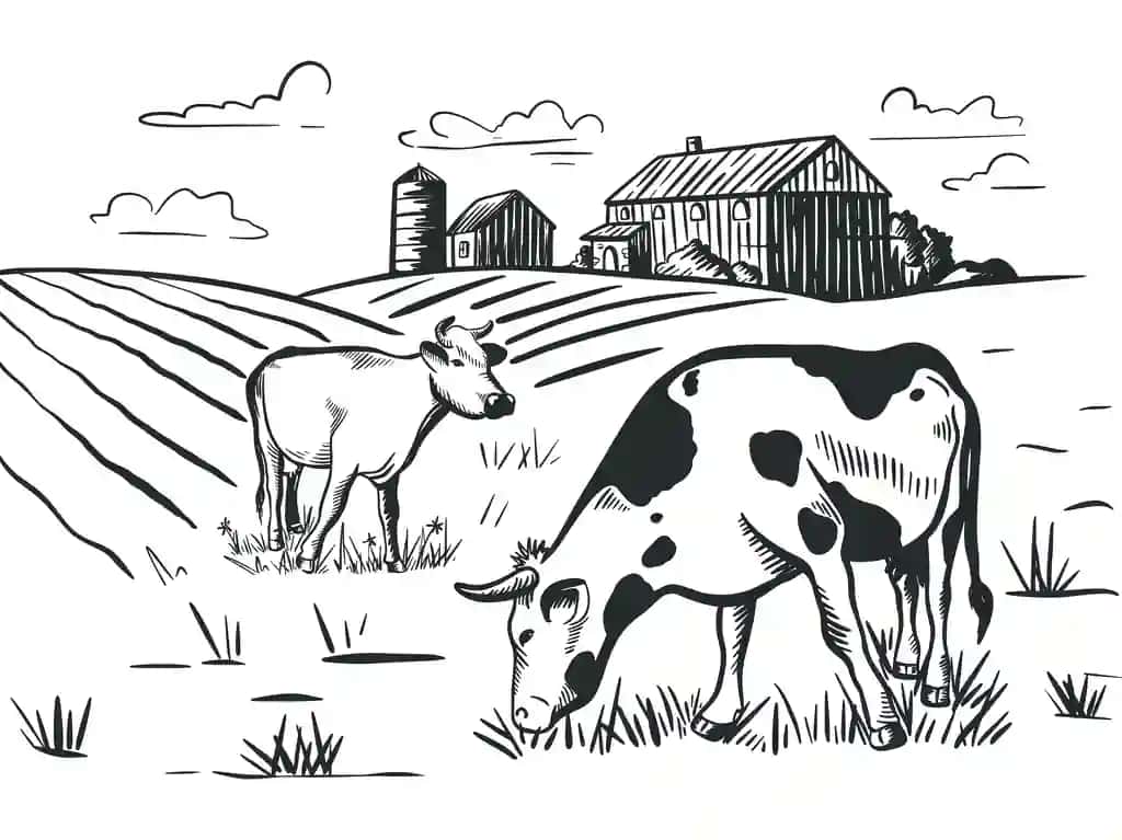 Sigirlar o'tloqda fermaning qo'li bilan qishloq landshaftini o'yib urmoqda | Cows graze meadow near farm hand engraving rural landscape with
