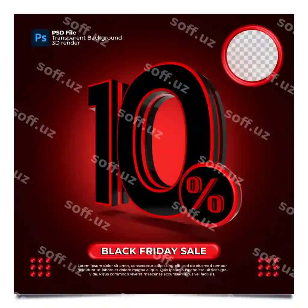 Qora juma 10 foiz chegirmali sotuvda qizil rang bilan 3D render | Black friday 10 percentage discount sale 3d render with color red