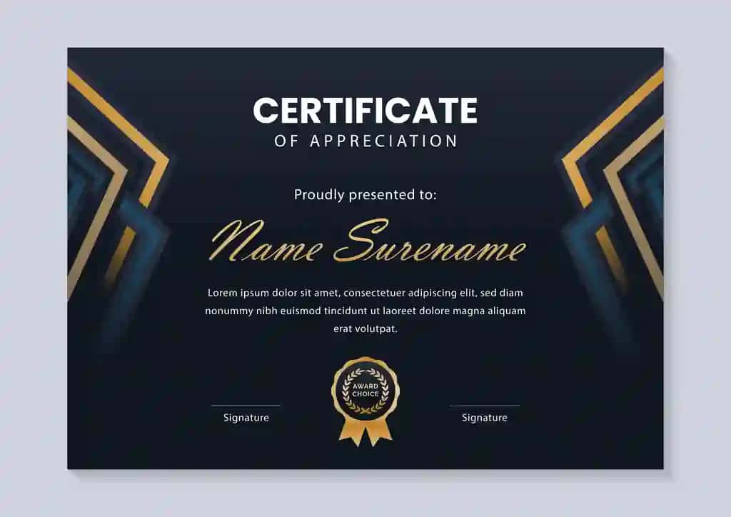 Mukofot nishoni bilan hashamatli quyuq ko'k oltin sertifikat shabloni | Luxury dark blue gold certificate template with award badge