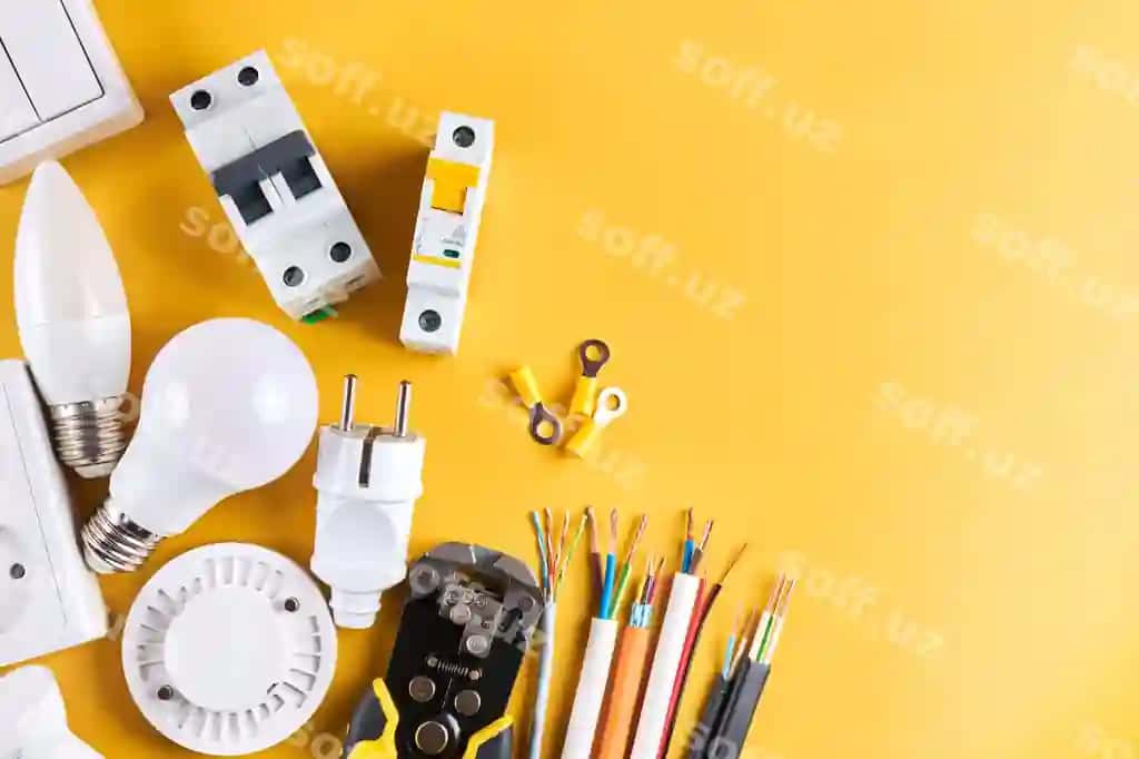 Elektr asboblari to'plami, dimmer kaliti, izolyatsiyalangan sariq fon, nusxa ko'chirish maydoni boshqariladigan yorug'lik, energiyani tejaydigan kontseptsiyani ta'mirlash | Electrical tools set with dimmer switch isolated yellow background with copy space controllable lighting saving energy concept building renovation