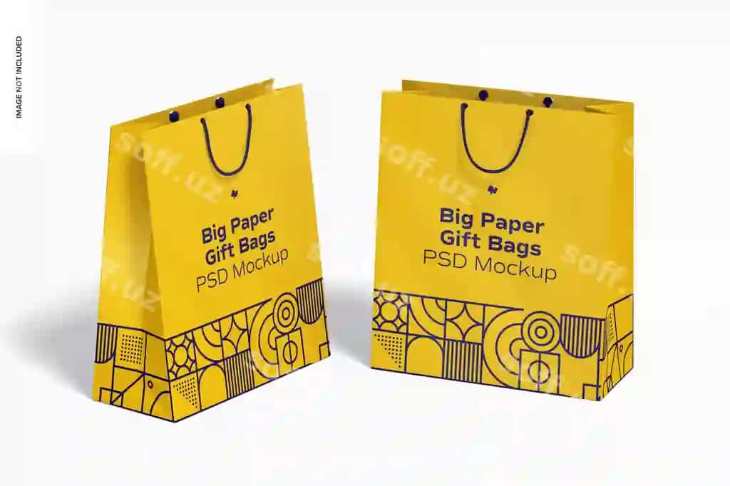 Arqon tutqichli katta qog'ozli sovg'a sumkasi | Big paper gift bag with rope handle mockup perspective view