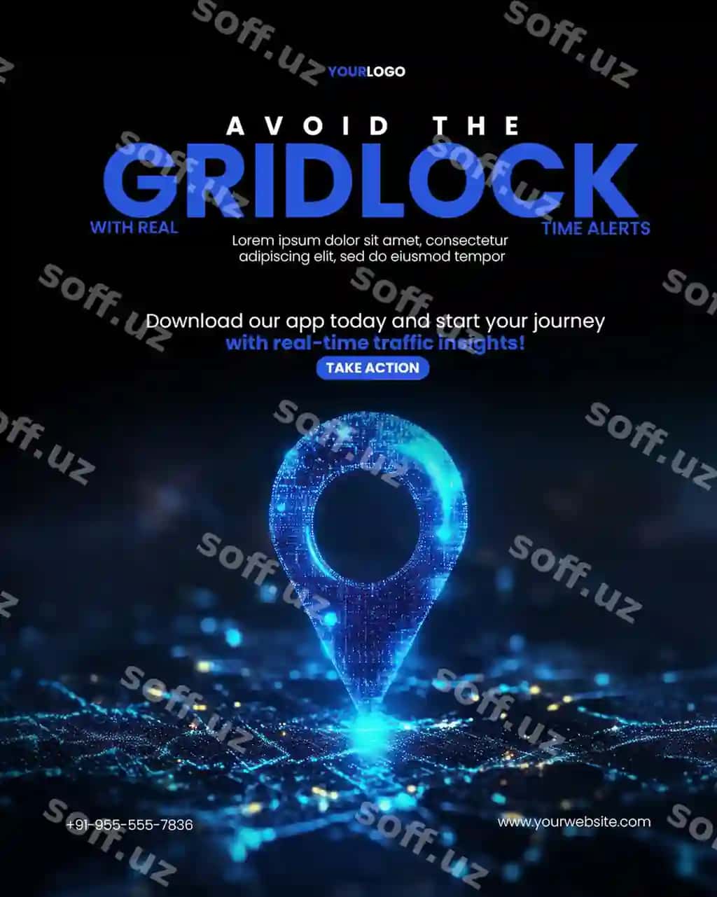 Yorqin ko'k rangli trafik oqimini kuzatish plakati shabloni | Traffic stream traffic monitoring poster template with glowing blue