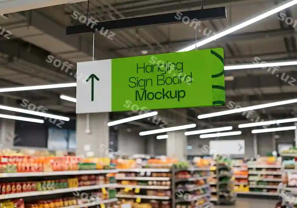 Osilgan tabelalar maketi oziq-ovqat do'koni | Hanging sign board mockup grocery store