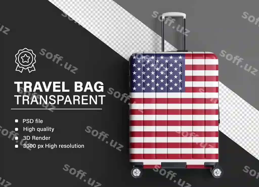 Qo'shma Shtatlar bayrog'i bilan ajratilgan shaffof fon bilan 3D sayohat sumkasi | 3d travel bag with united states flag isolated transparent background