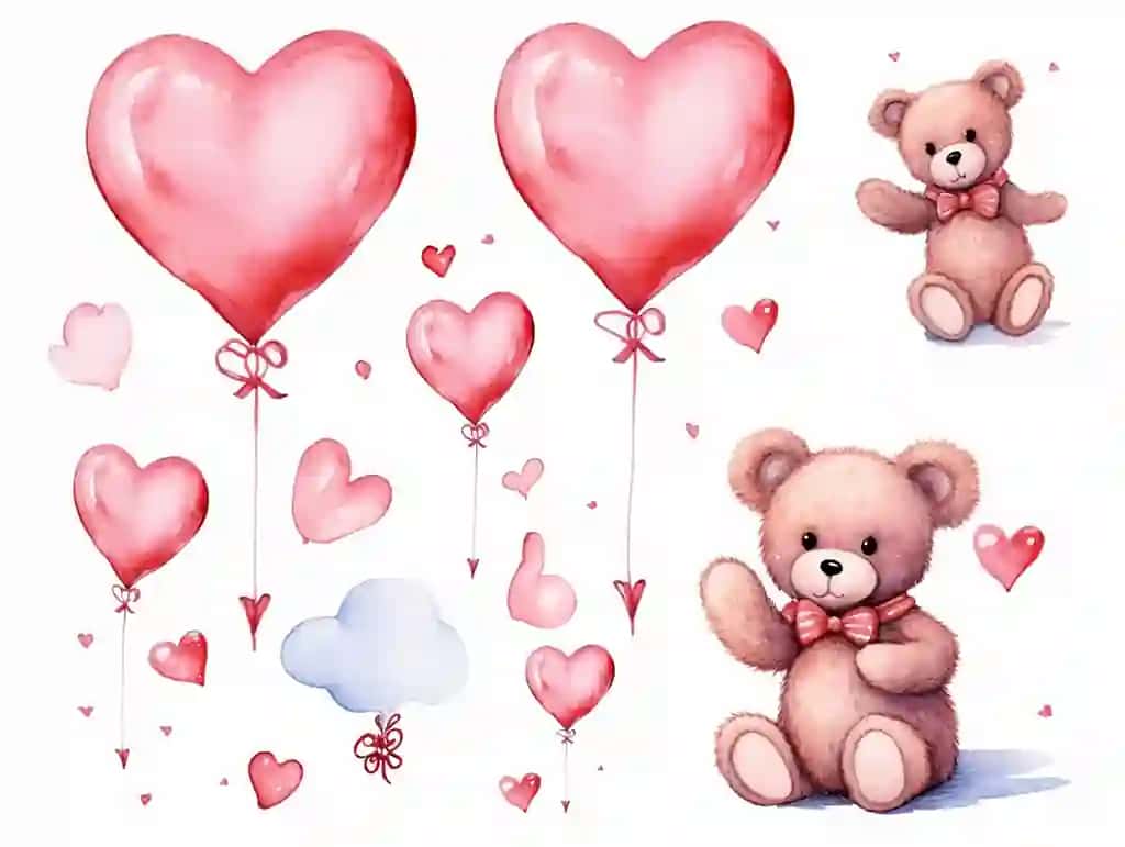 O'yinchoq ayiqlar sharlari bayrami sovg'alari to'plami. Yoqimli chaqaloq ayiqchalar vektor rasmlari to'plami. Qiziqarli ayiq pushti yurakli Sevishganlar kuni akvarel uslubida | Set teddy bears balloon party gifts cute baby teddy bear draw vector illustration collection funny bear with pink heart valentines day watercolor style