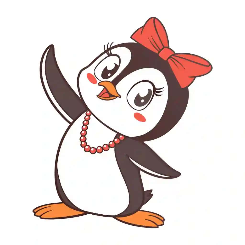Qizil kamonli marjonlarni qo‘l silkitgan yoqimli pingvin | Cute penguin with red bow necklace waving hand