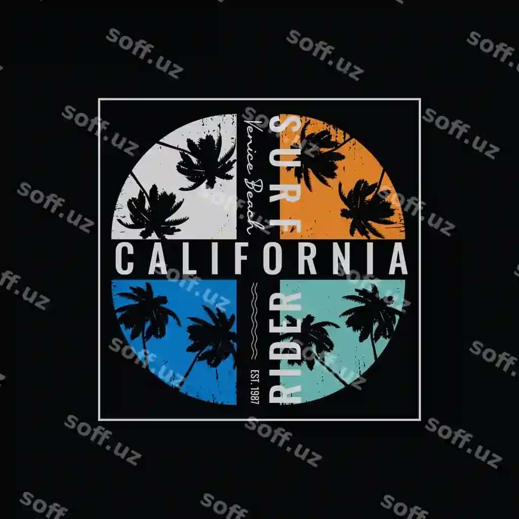 Kaliforniya surft rida illustratsiya tipografiya mukammal t-shirt dizayn | California surf rider illustration typography perfect t shirt design