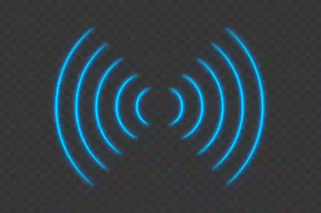 Shaffof neon porlayotgan ko'k tovush to'lqinlari radio to'lqinlari signal emissiyasi | Transparent neon glowing blue sound waves radio waves signal emission