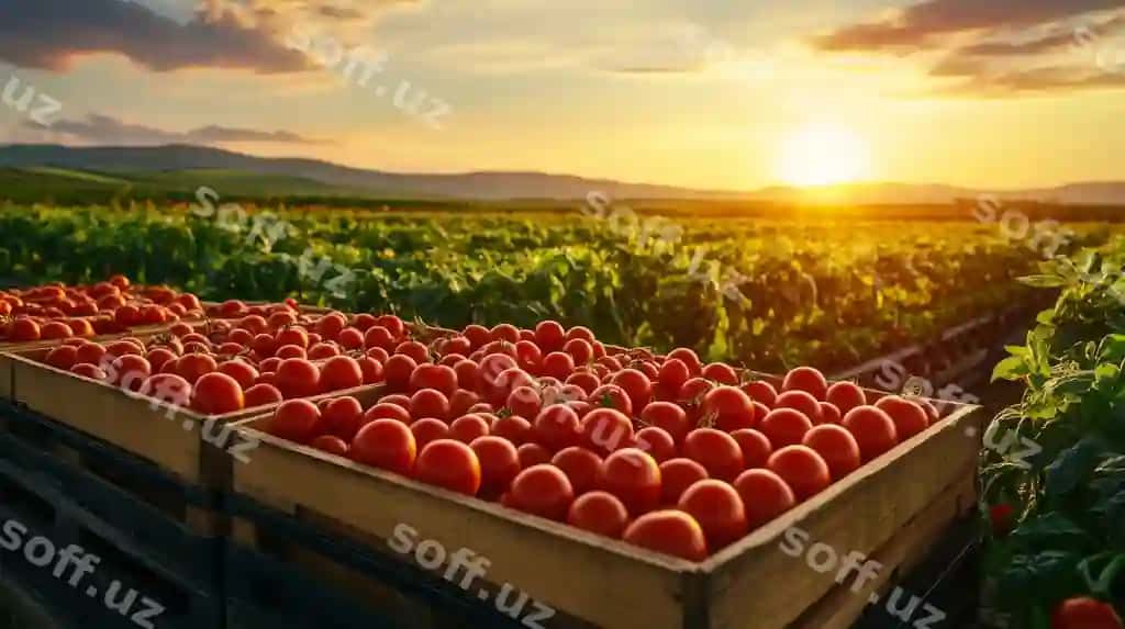 Ferma quyosh botishida katkalamagan pomidorlar yog'och kataklarida | Sunset harvest ripe tomatoes wooden crates farm