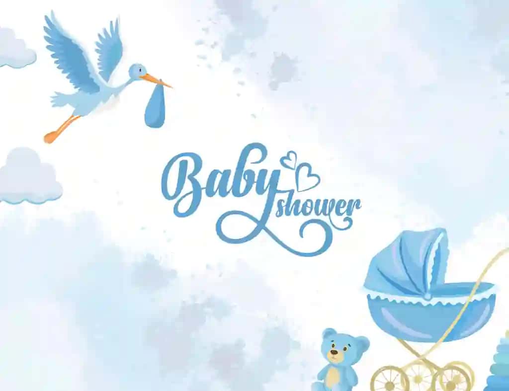 Baby dush ko'k qizarib fon chaqaloq aravachasi laylak chaqaloqni yetkazib beradi | Baby shower blue blush background baby stroller stork delivers baby