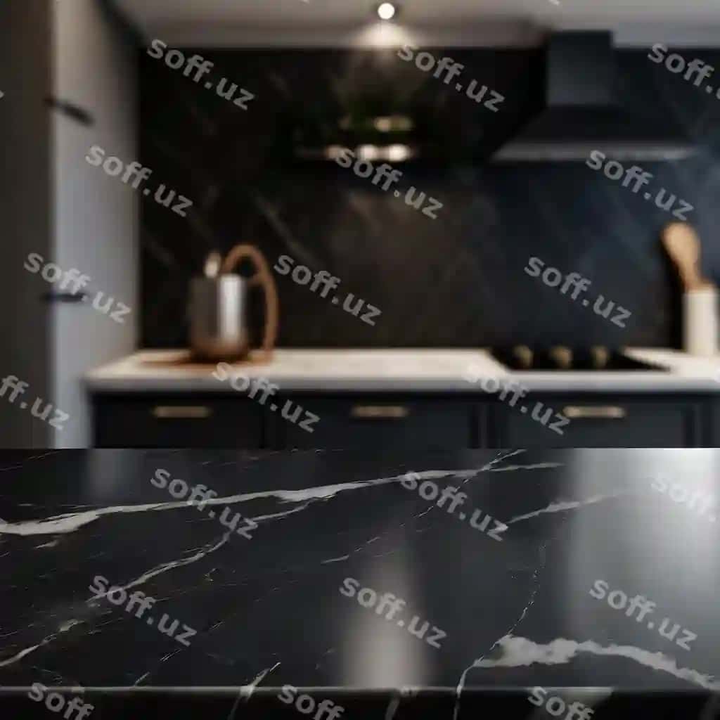 Qora marble stol usti bulanmagan oshxona orqa fonda AI yaratilgan | Black marble tabletop blurred kitchen background ai generated