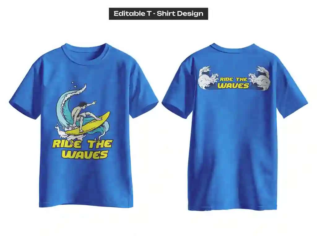 Yo‘l-yo‘lakay to‘lqinli grafik bosma naqshli jonli ko‘k bemaqsad futbolka | Vibrant blue surfing t shirt with ride waves graphic print