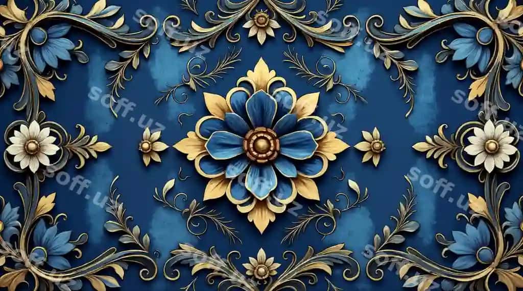 3D effektli ko'k oltin gulli bezak | Ornate blue gold floral ornament with 3d effect