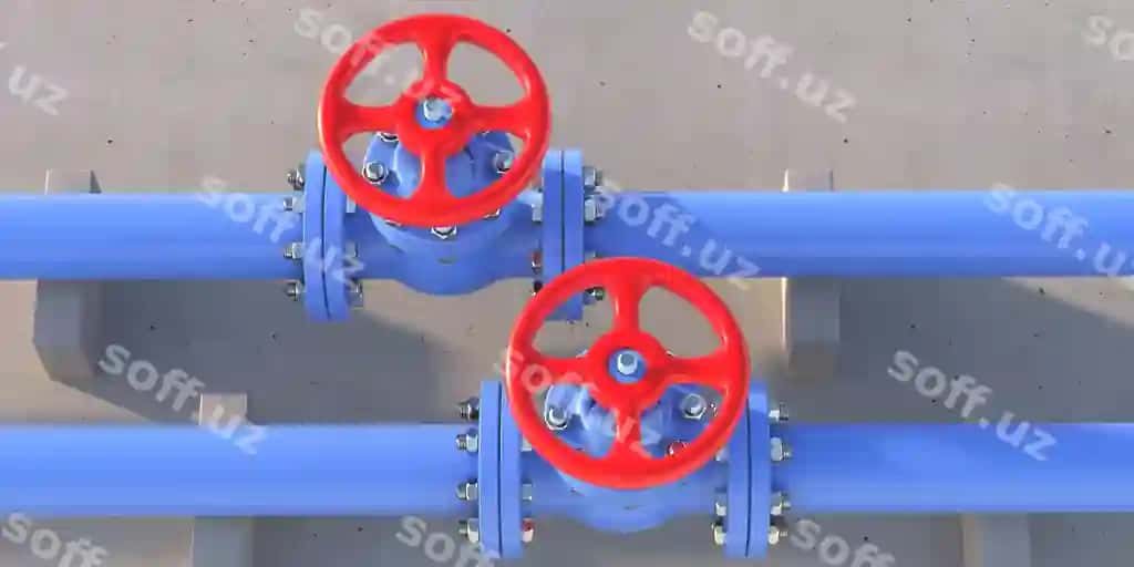 Sanoat suv nazmlari, ko'k rangdagi valvularlar, beton devor orqa fonda 3D illustratsiya | Industrial water pipes blue color valves concrete wall background 3d illustration