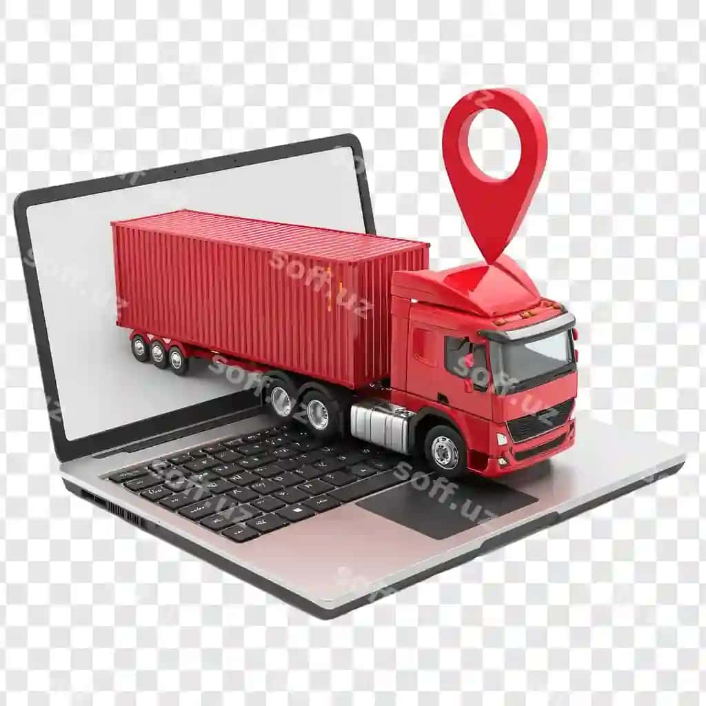 Yuk konteyneri yuk mashinasi logistik kontseptsiyasi qizil pinli tomoni bo'lgan 3D noutbuk | 3d laptop with cargo container truck logistic concept red pin side