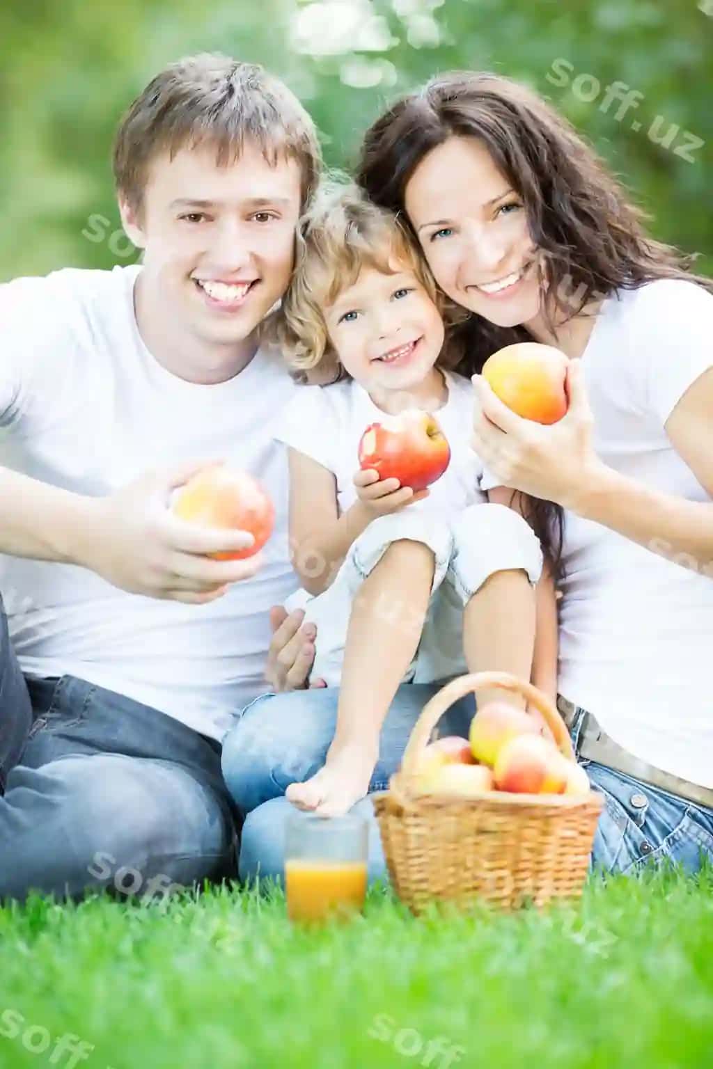 Baxtsiz oila yashil mchitda o'tishva qoshiq suvi ichadi bonu parkida | Happy family sitting green grass drinking apple juice spring park
