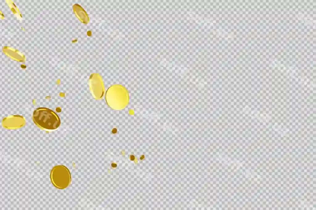 Oltin tangalarning uchuvchi qatlami shaffof fonda | Golden coins flying overlay with transparent background