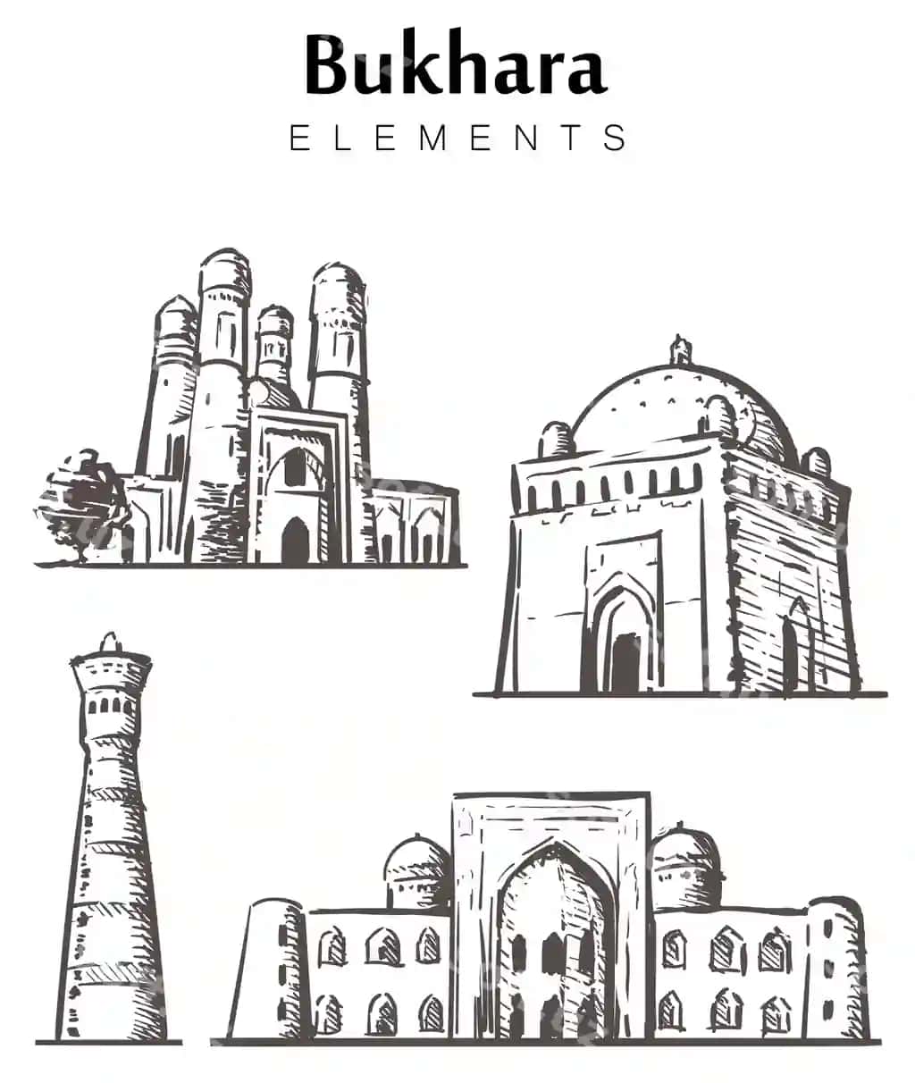 Qo'lda chizilgan Buxoro binolari to'plami | Set hand drawn bukhara buildings
