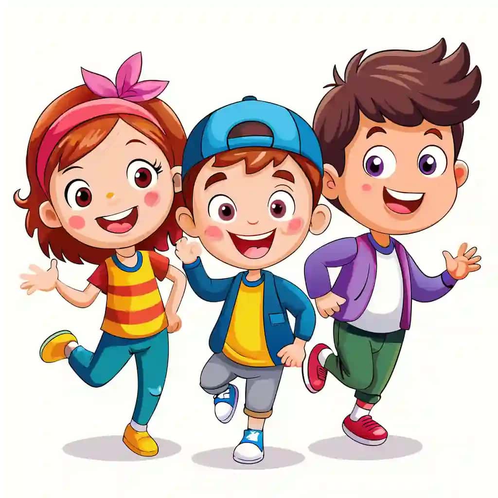 Oq fonda yugurib jilmayib yurgan uchta baxtli multfilm bolasi | Three happy cartoon kids smiling running white background
