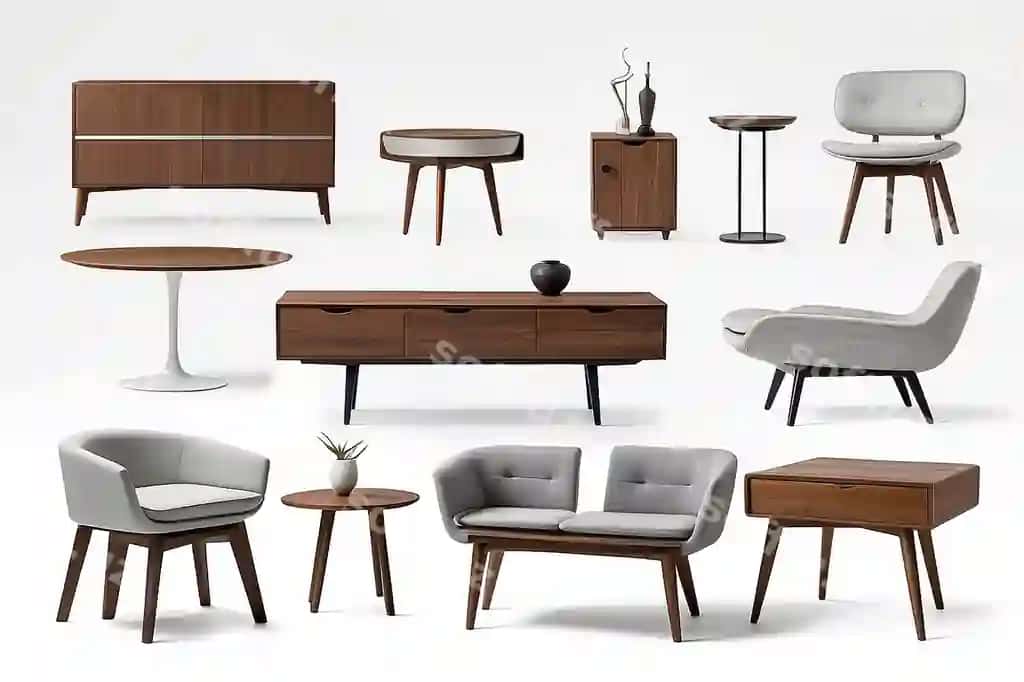 Zamonaviy mebel yarımi qoʻyilgan oq fonda | Modern furniture is half set white background