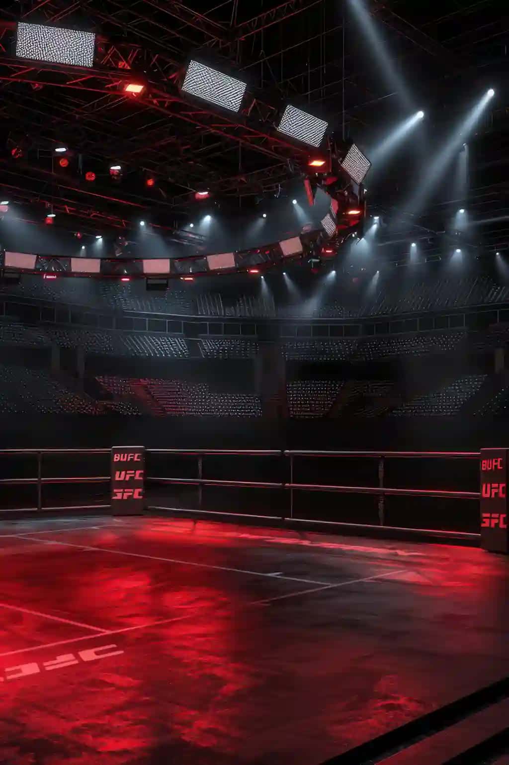 Sakkiz burchakli qafasli yoritgichli bo'sh aralash yakkakurashlar arenasi qiziqarli o'yinga tayyor | Empty mixed martial arts arena with octagon cage spotlights ready exciting match