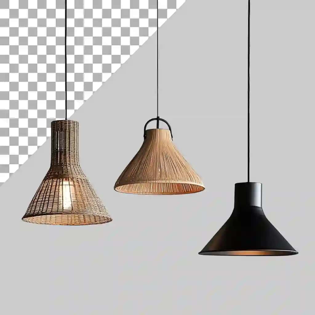 Oq fonda osilgan uchta marjon chiroqlari | Three pendant lights hanging from wire white background