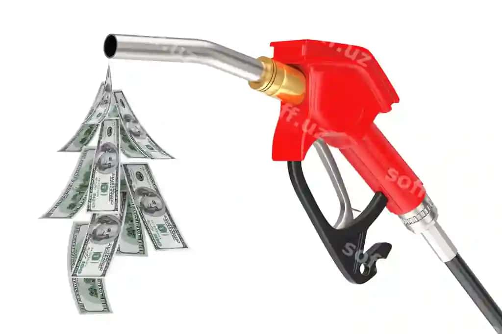 Benzin pistolet pompa yoqilov nozari benzin stantsiyasi tarqatuvchi damak dollar banknotlari oq fonda 3D render | Gasoline pistol pump fuel nozzle gas station dispenser with droplet dollars bills white background 3d rendering
