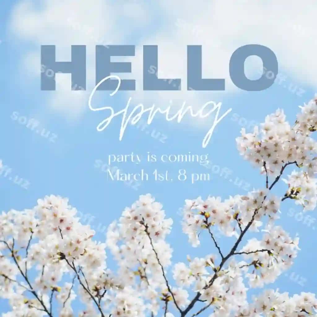 Moviy osmon va oq gullar bilan bahorga salom plakati | Poster hello spring with blue sky white flowers