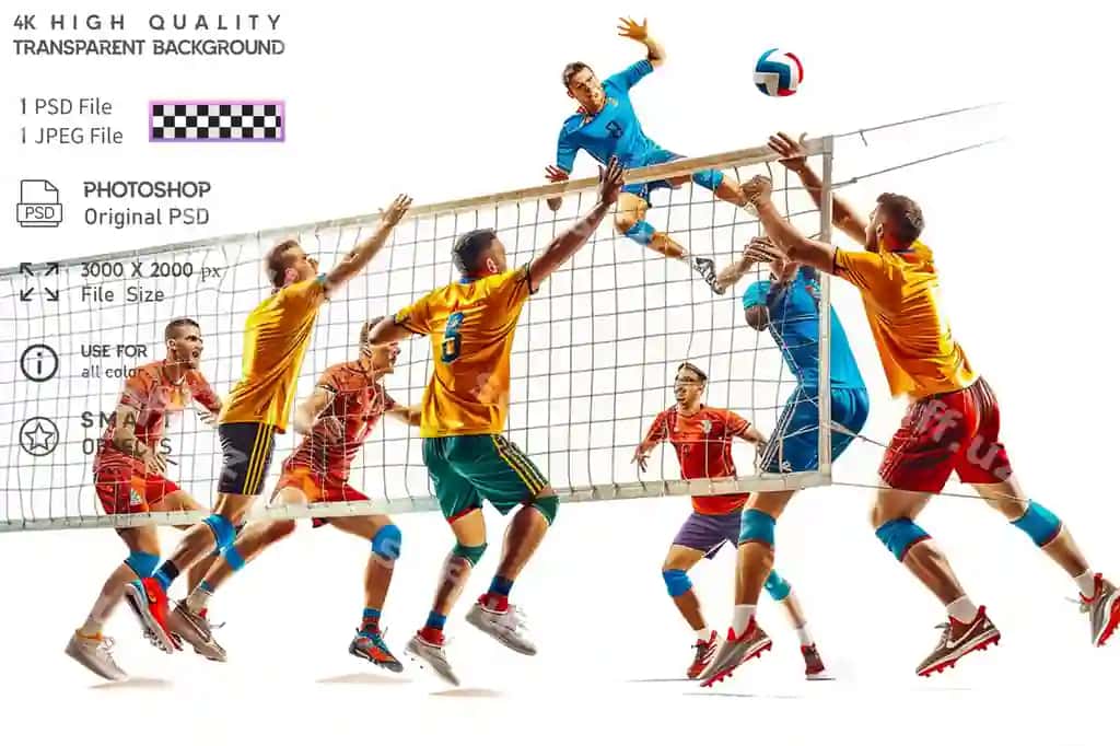 Ikkita jamoadan oltita o'yinchidan iborat jamoaviy sport | Team sport which two teams six players are sepa transparent background