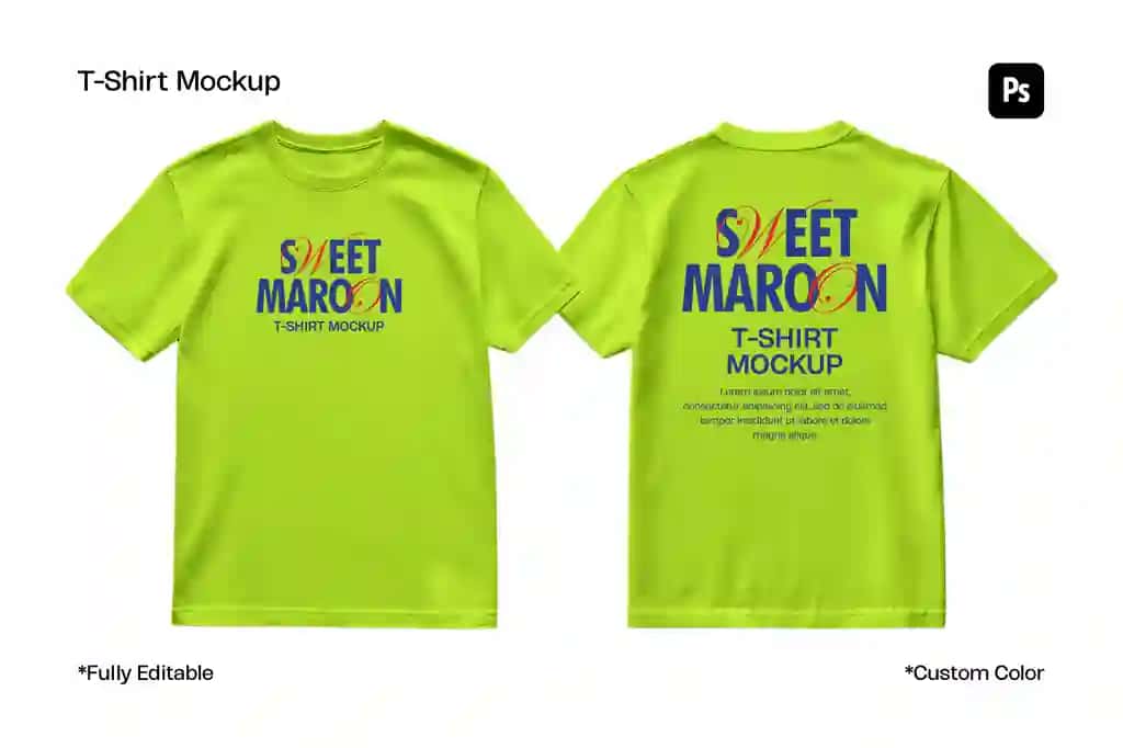 Ohak yashil rangli futbolka maketi, old tomoni orqadan ko‘rinishda brend belgisi | Lime green t shirt mockup with front back views branding