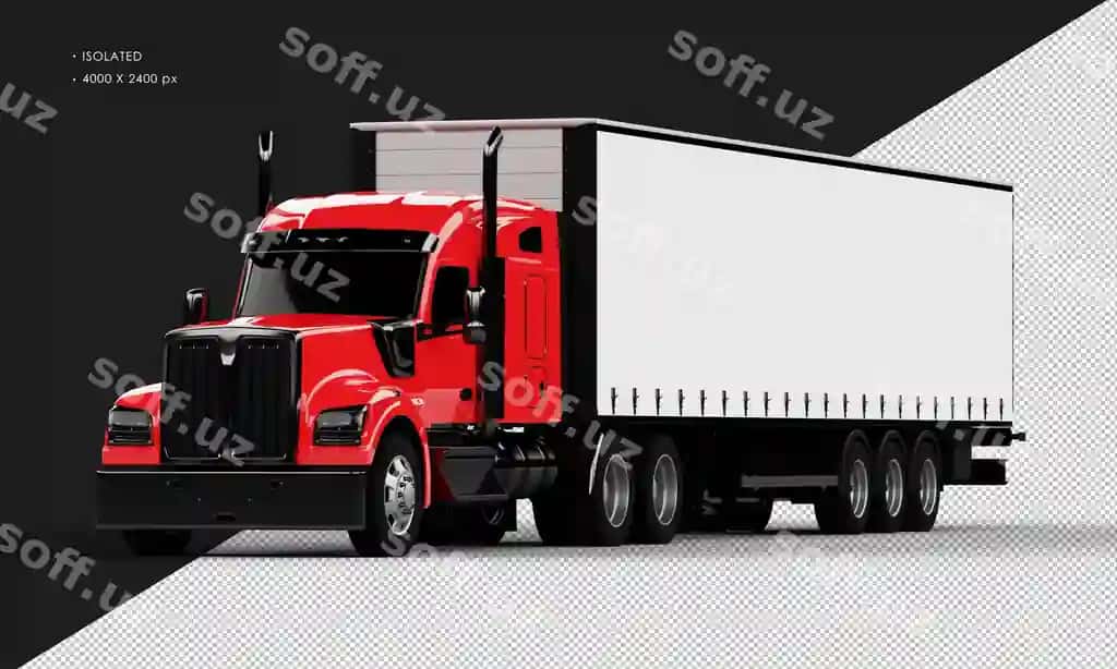 Ajraltirilgan realistik parlak qizil uzun yuk avtomobili chap oldingi tomondan | Isolated realistic shiny red long trailer truck from left front