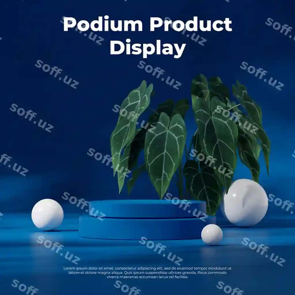 Ko'k rang egilgan silindr podium kvadrat sharlar orqa fon 3D rasm | Blue color curved cylinder podium square spheres backdrop 3d image