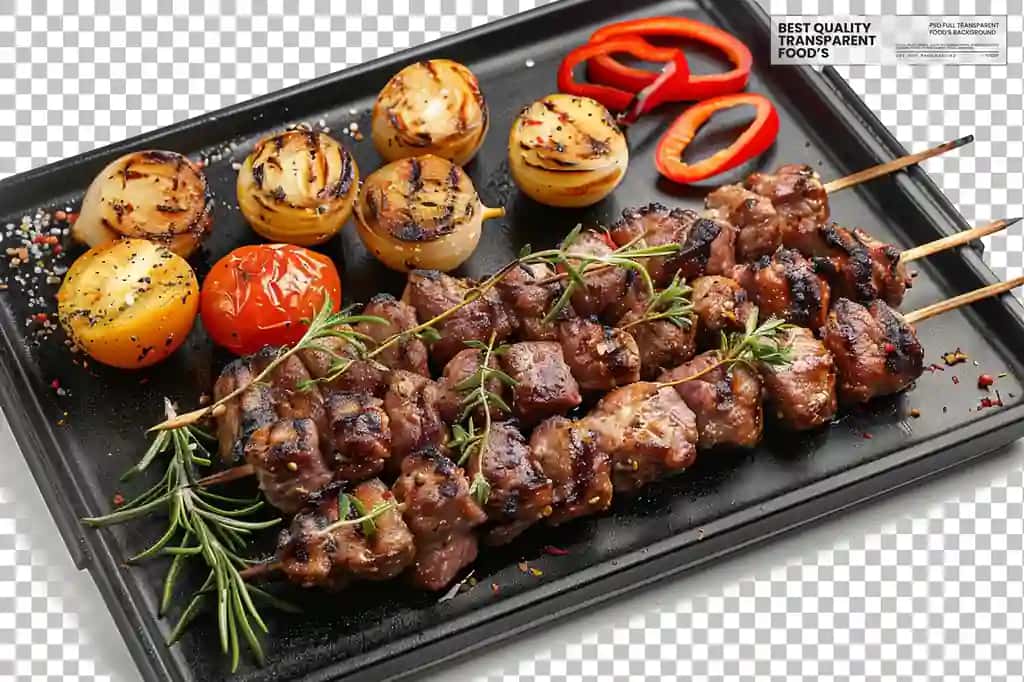 Shashlik taqdimoti shishi panjara go'shti shaffof fon | Shashlik presentation skewers grilled meat transparent background