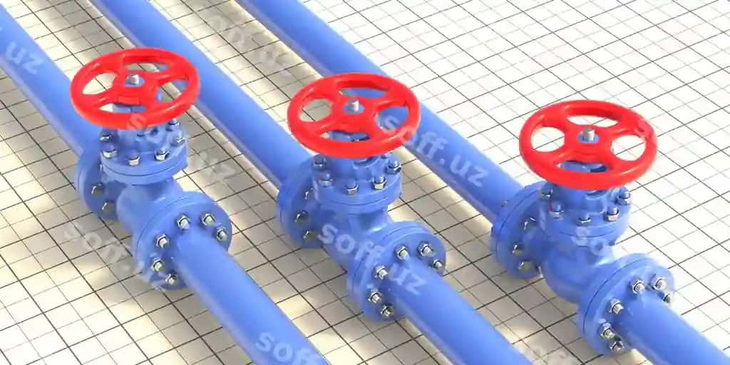 Sanoat suv quvlari ko'k rangdagi valvalar chizmalar orqa fonda 3D illustratsiya | Industrial water pipes blue color valves drawings background 3d illustration
